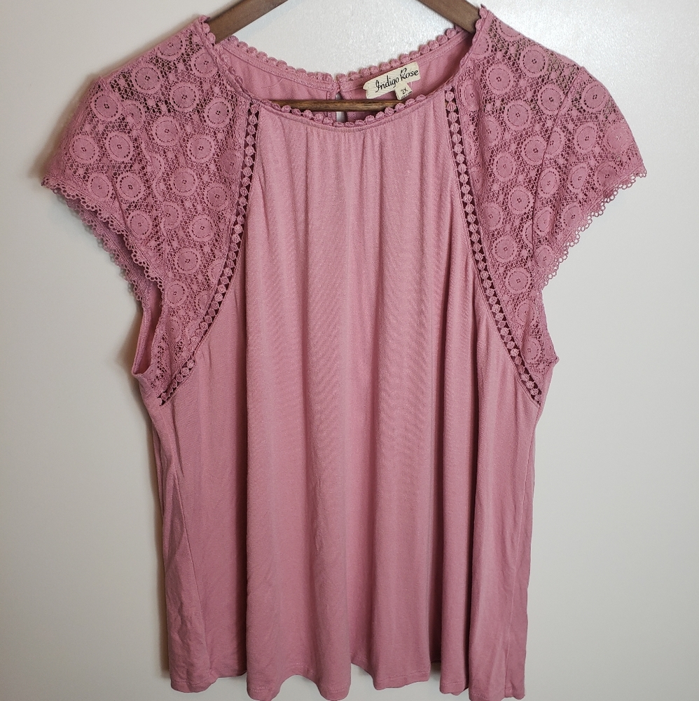 Pink Lace Cap Sleeve Blouse